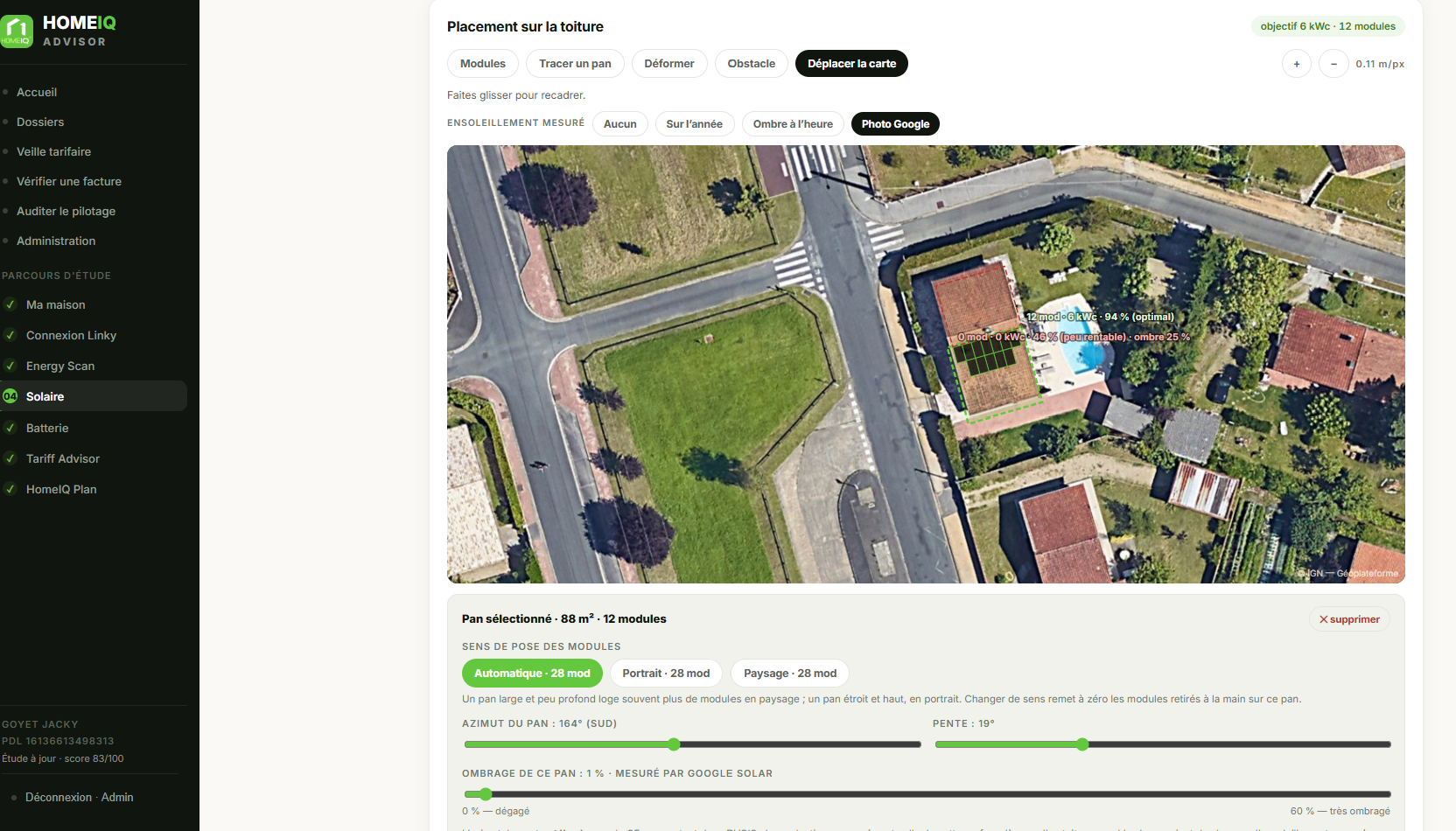 Dimensionnement solaire HomeIQ sur photo aérienne